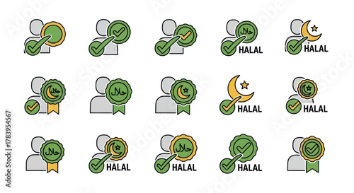 Halal certification icons collection with green crescent moon star and checkmarks.
