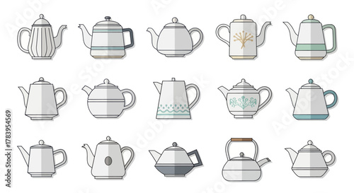 A collection of various teapots and kettles illustrated in a flat line art vector style.