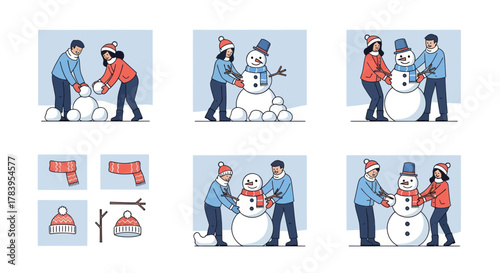 People Building a Snowman Together in Winter Creating a Festive Scene.