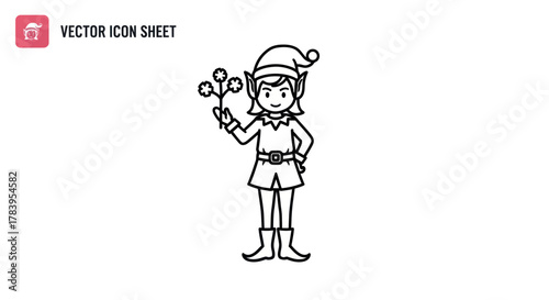 Line art illustration of a cheerful Christmas elf character wearing a festive hat and holding a decorative branch.