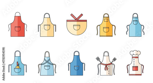 Colorful Illustrated Apron Collection with Various Designs and Styles.