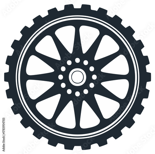Rugged off-road vehicle wheel with knobby tire and multi-spoke rim vector icon