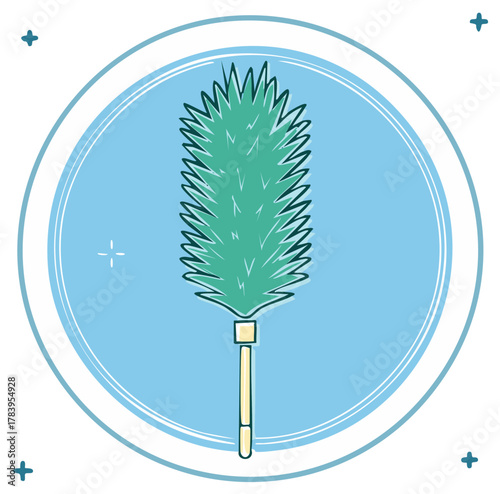 Illustration of a feather duster inside a light blue circle.