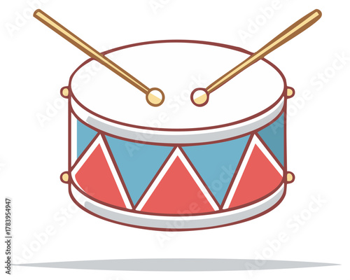 Cartoon drum illustration with drumsticks, red, blue, and white colors.