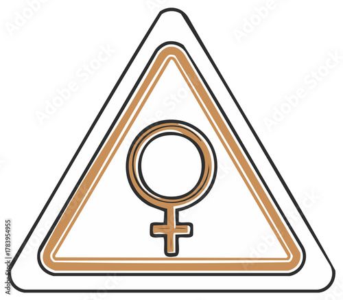 Woman symbol inside a warning sign: Conceptual icon of female gender in triangle and circle shape with cross under