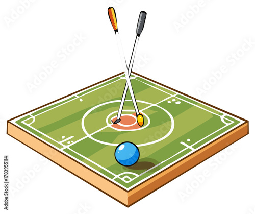 Golf scene illustration with golf clubs, golf ball, and putting green.
