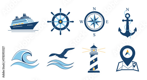 Nautical icons set: cruise ship, compass, anchor, waves, seagull, lighthouse, navigation map