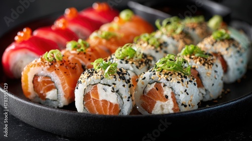 A Variety of Fresh Sushi Rolls with Salmon, Cream Cheese, and Vegetables Served on a Black Plate for Delicious Japanese Cuisine Experience