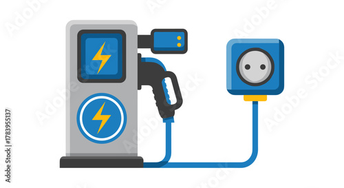 Electric car charging station icon with plug and cable in flat colorful style