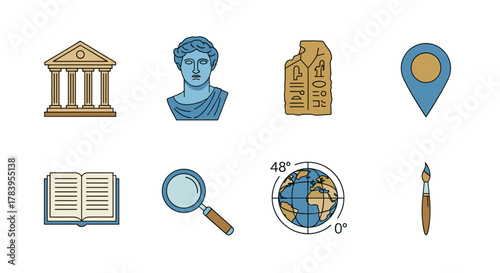 Icon set of historical artifacts and tools in flat design style