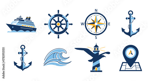 Nautical icons set featuring anchors, ship, lighthouse, and compass for marine themes