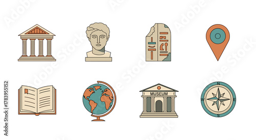 Cultural and historical icons set featuring monument, bust, and museum elements