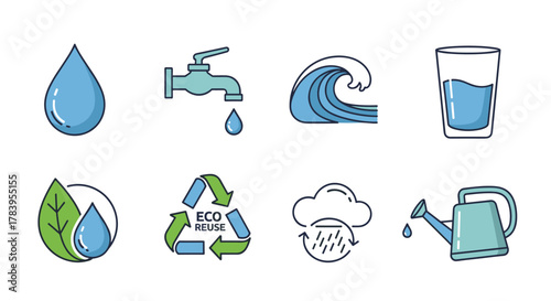 Water conservation icons: eco-friendly sustainability and reuse symbols