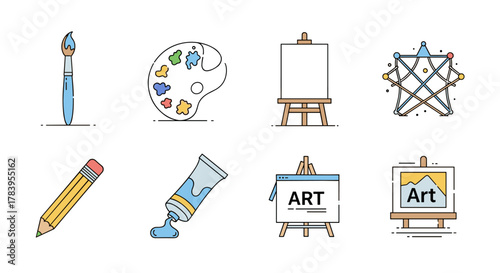 Colorful art tools set with easels, brushes, and paint palette in linear style