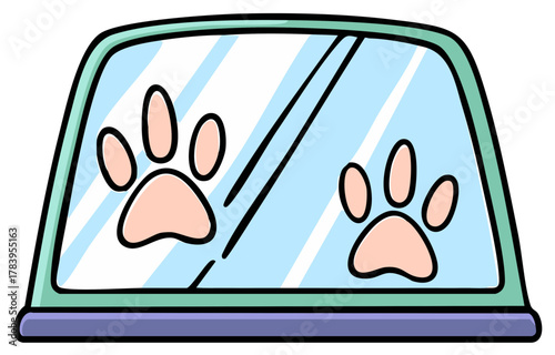 Cartoon car windshield with paw prints. Animal pet concept