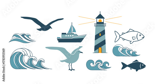 Nautical elements with lighthouse, boat, seagull, and waves in flat design