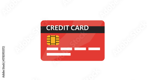 Stylish red credit card with chip on white background