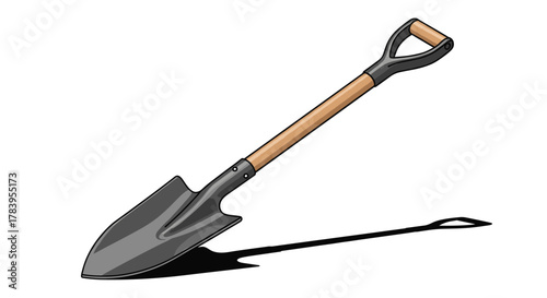 Realistic garden shovel with wooden handle and shadow on white background