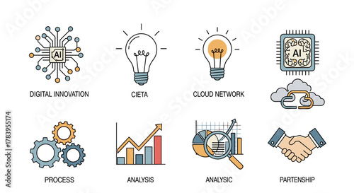 Modern ai and technology concepts: cloud, analysis, innovation, and networking visuals