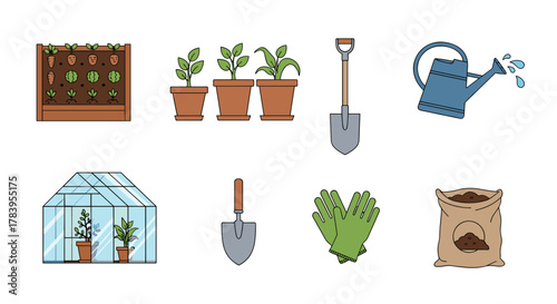 Gardening essentials: tools, plants, and greenhouse - flat design