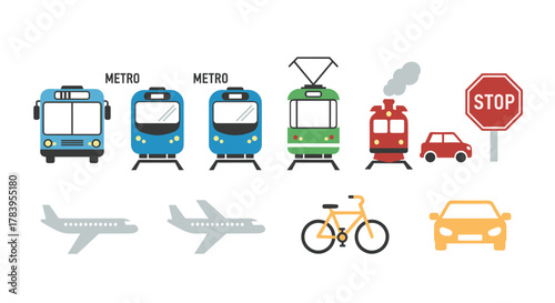 Colorful urban transport icons featuring metro, bus, plane, and bicycle design elements