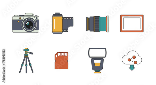 Photography equipment icons set featuring camera, lens, tripod, flash, and digital tools in flat design
