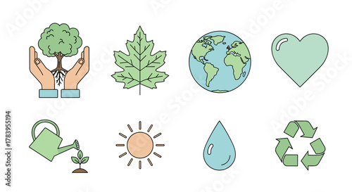 Eco-friendly icons set featuring nature and sustainability symbols in flat design