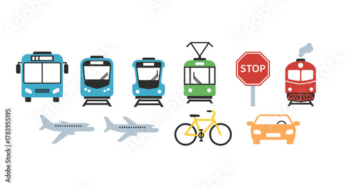 Flat design transport icons: bus, train, plane, bike, car, stop sign for travel and urban mobility graphics