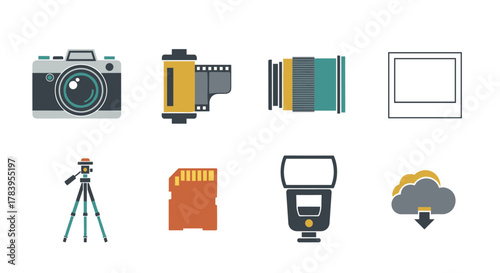 Photography equipment icons set featuring cameras, lenses, and accessories in modern flat design