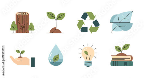 Eco-friendly symbols set featuring nature conservation and sustainability icons