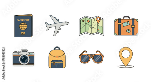 Travel icons collection featuring passport, airplane, map, and more in flat design