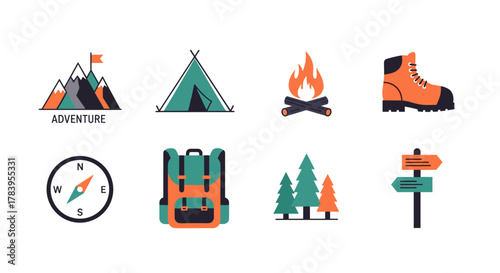 Outdoor adventure icons with camping, hiking, and nature elements in flat design