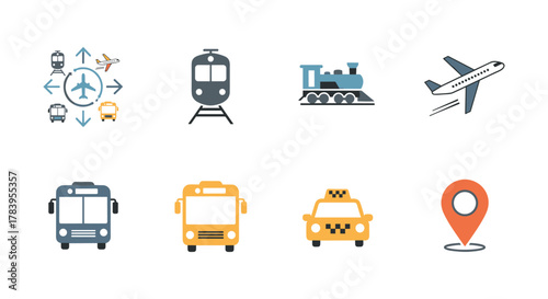 Flat style transport icons featuring airplane, train, bus, and taxi elements