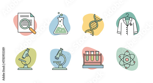 Colorful scientific icons: laboratory equipment and dna symbols