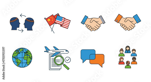 International business communication icons: global collaboration and partnership in flat design