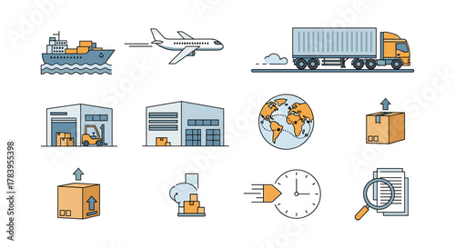 Colorful icons of global shipping and logistics in modern flat design