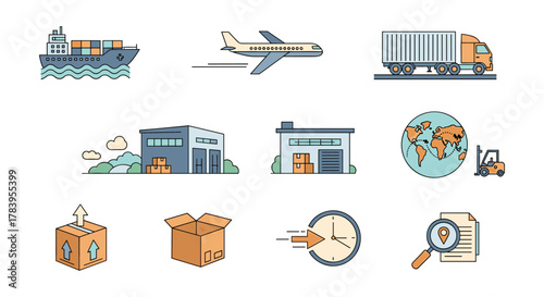 Global shipping and logistics icons collection in flat style