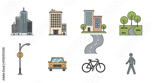 Urban scene with buildings, road, bicycle, car, and park in minimalist style