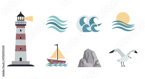 Nautical icons set: lighthouse, waves, sailboat, rock, seagull, sun in flat design