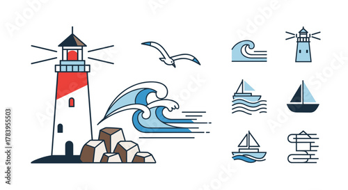 Nautical icon set featuring lighthouse and sailing elements in minimalist style