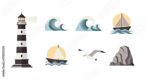 Nautical elements set featuring lighthouse, waves, sailboat, seagull, and rock in flat style