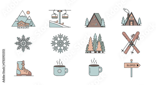 Minimalist winter resort icons set: skiing, snowboarding, chalets, and hot drinks