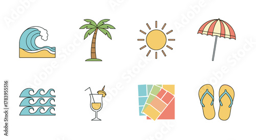 Summer icons: beach elements in flat design for vacation themes
