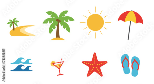 Summer beach icons set: palm trees, sun, waves, and more for vacation design