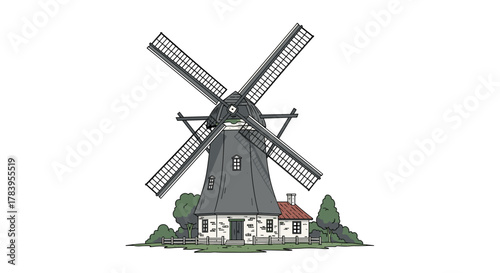 Rustic windmill architecture: hand-drawn dutch country scene with trees and fencing