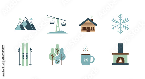 Cozy winter icons featuring ski equipment, cabin, fireplace, and snowy elements