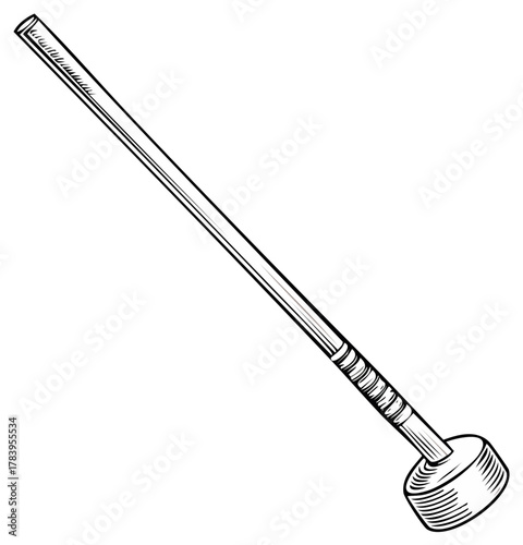 Classic shuffleboard cue stick sports equipment in a vintage line art illustration style