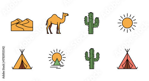 Colorful desert elements: camel, cactus, teepee, and sun icons