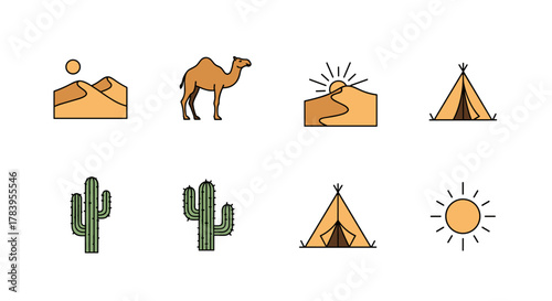 Desert adventure icons set featuring camel, cactus, sun, tent, and sand dunes