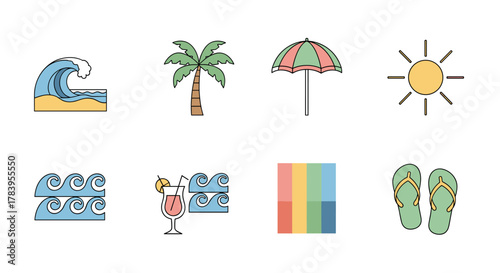 Summertime icons: waves, palm, umbrella, sun, cocktail, flip flops, line art style